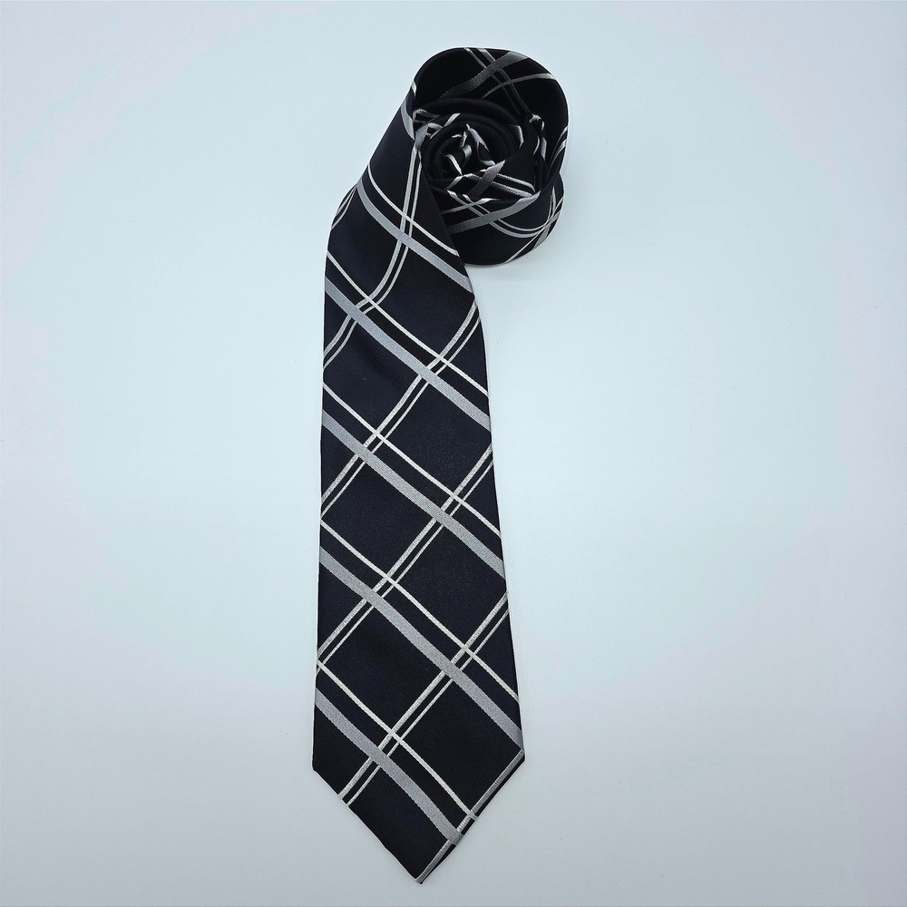 Henry Grethel Men's Black Silver Plaid 100% Silk Hand Made Necktie